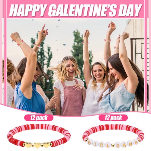Kigeli 24 Pcs Galentines Day Bracelets Gift Bulk Girl Gang Valentines Gifts Polymer Clay Beaded Galentines Gang Bracelets Valentine Party Favors for Women Sleepover Goodie Bag Stuffers(Pink, Red)