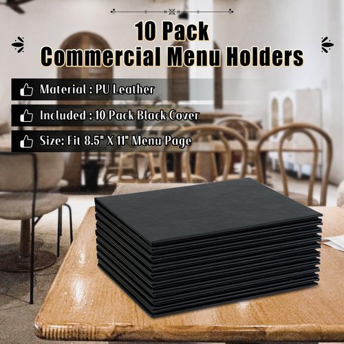 FLKQC Restaurant Menu Covers Holders 8.5" X 11" | Pack of 10 Synthetic Leather 4 View Menu Holder Covers Book Style with Angled Corners Black for Wine List (10, 4 View (8.5" x 11"))