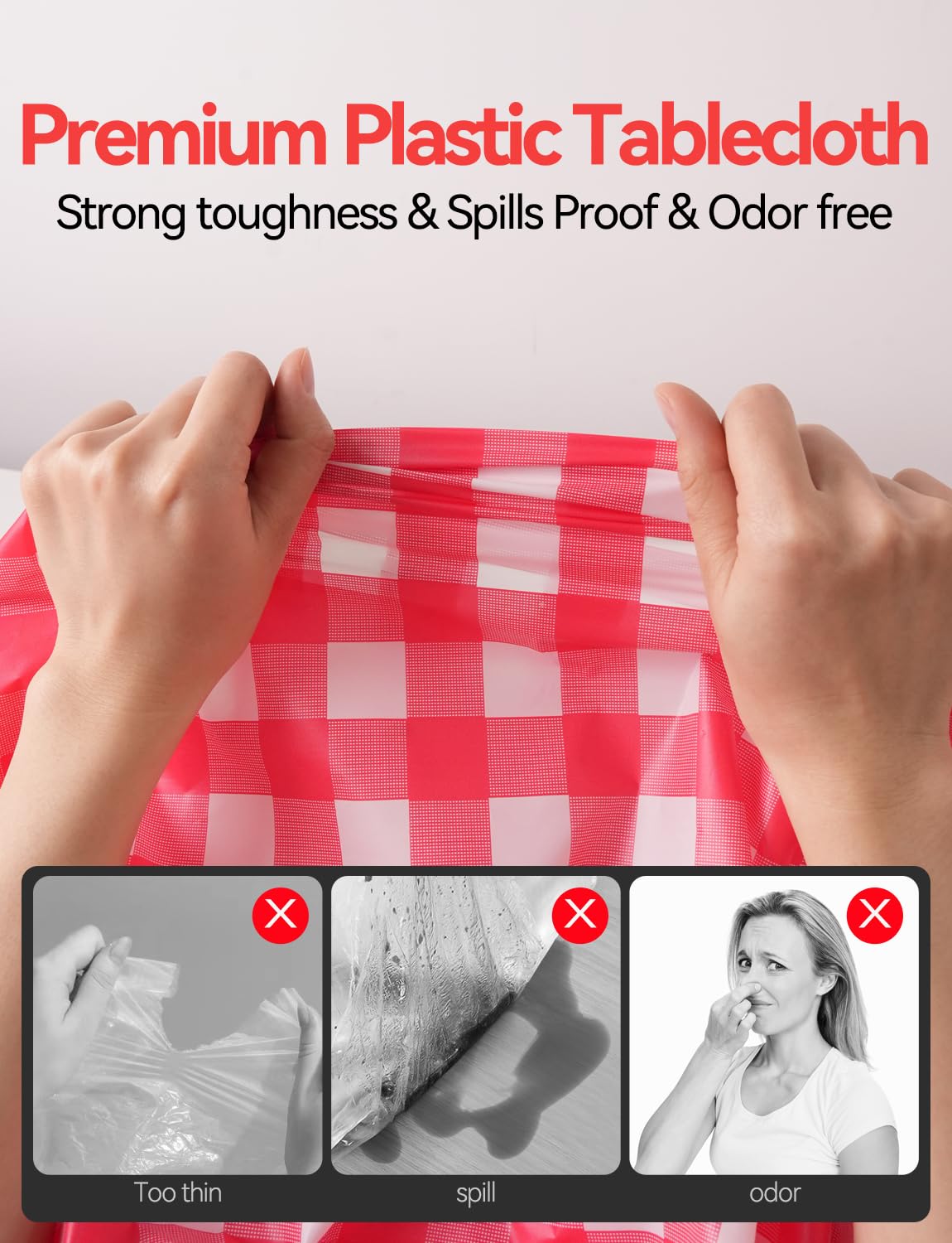 KAshack 54 in X 32.8 Ft Plastic table cloth Roll disposable Red and White Gingham Tablecloth with Slide Cutter Box for rectangle round Tables,Picnic,Camping,Party,Happy Birthdays,[with Fixed stickers]