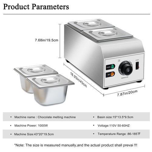 1000W Electric Chocolate Tempering Machine, Commercial Chocolate Melter with 2 Cylinders, Water Bath Heating, Adjustable Thermostat & Indicator Light, Stainless Steel Chocolate Warmer