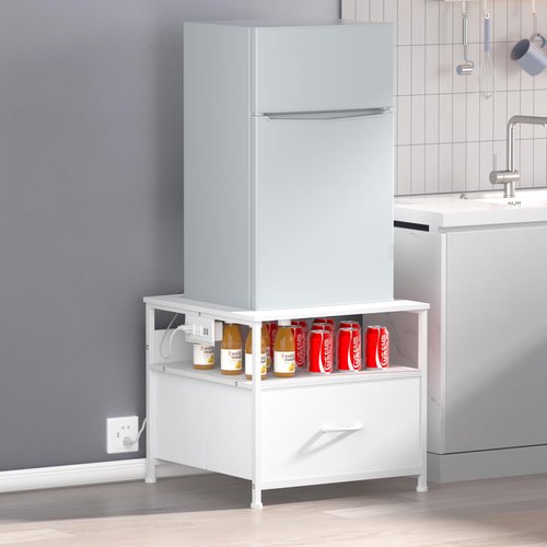 Unionly180 lb Mini Fridge Table with Drawer Fridge Shelf, Mini Fridge Cabinet with Storage,Heavy Duty Fridge Standwith Charging Station, 4 Adjustable Feet for Home Kitchen (White)