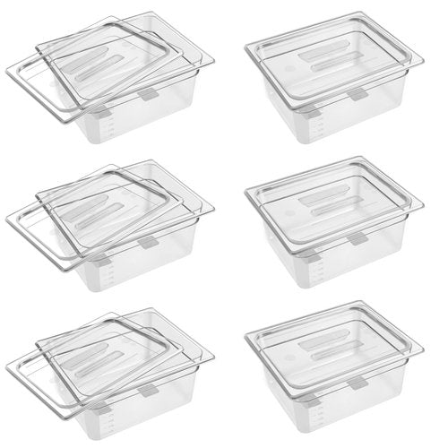 6 Pack 1/2 Size 6'' Deep Clear Food Pans with Lids, Commercial Food Pans Polycarbonate Transparent Food Storage Containers, Stackable Plastic Pan with Capacity Scale, Restaurant Supplies Hotel Pan