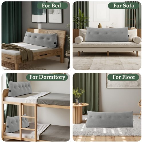 Huatean Home Soft Headboard Pillow Queen Size, Wall Backrest Wedge Pillow Headboard Queen, Reading Backboard Pillows, Large Dorm Daybed Bolster Pillows for Back Support with Removable Cover, Gray