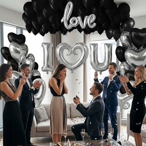 I Love You Balloons for Him/Her Balloons black Sliver romantic balloon kit with black Sliver +heart mylar balloons rose petals for hotel Decorations Valentines Party wedding anniversary supplies