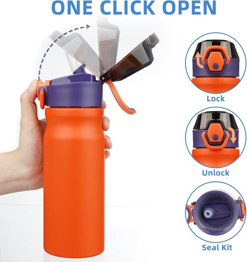 BJPKPK Insulated Water Bottle - 18oz Stainless Steel Flask with Straw & Carry Handle - Orange