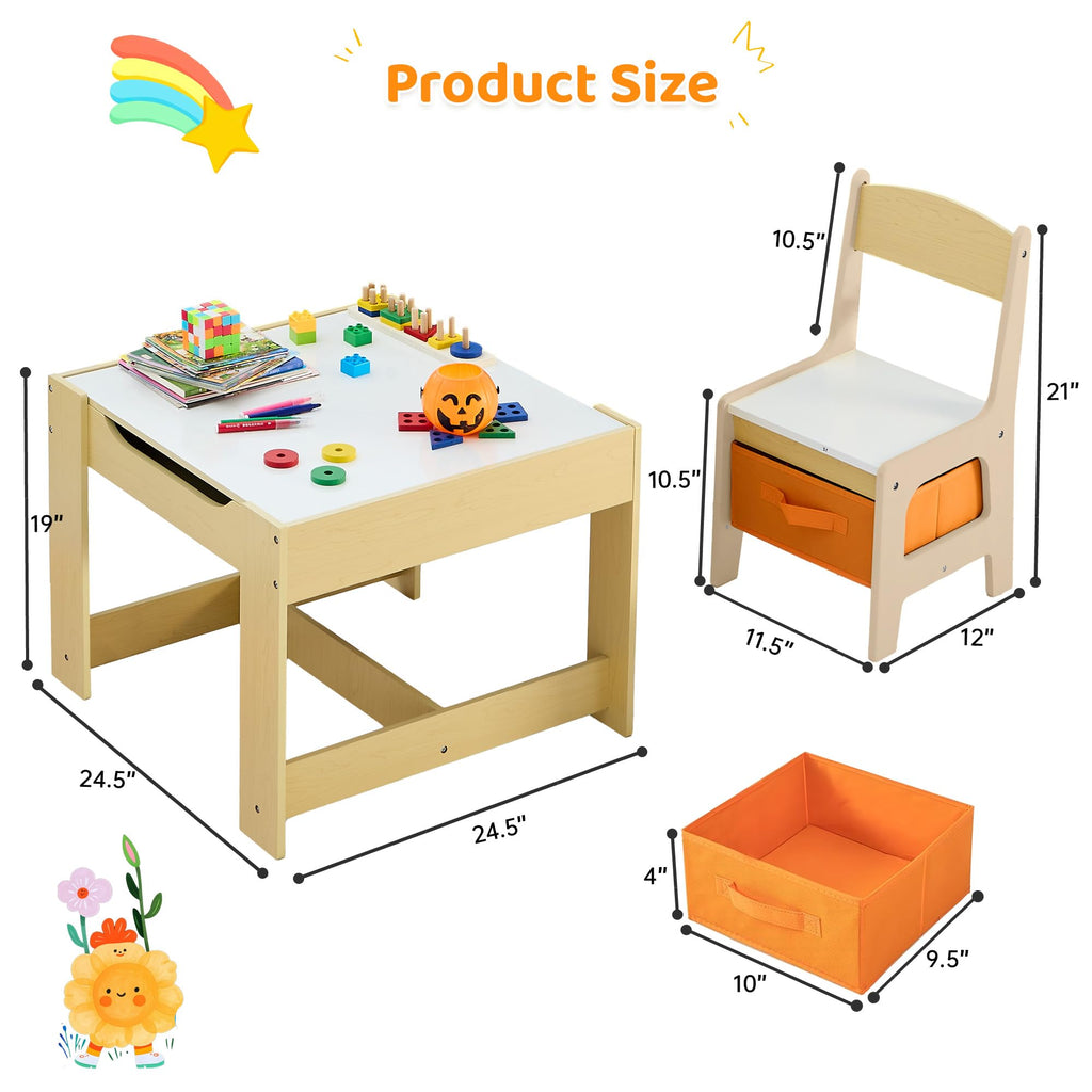 CuFun Kids Table and Chairs Set, 4 in 1 Wooden Kids Table with Reversible Tabletop, Children Activity Table with Removable Tabletop Storage, Toddler Table and Chair Set for Home, Nursery, Playroom