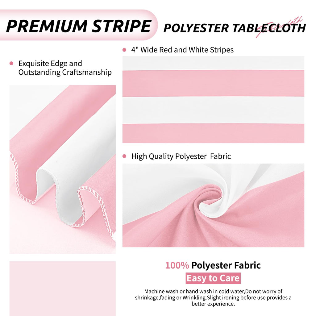 2 Pack Pink and White Striped Tablecloth Rectangle 60x84inch Polyester Fabric Washable Table Cloth for Afternoon Tea Birthday Party Picnic Barbecue Gathering Indoor Outdoor Dining Table Decor