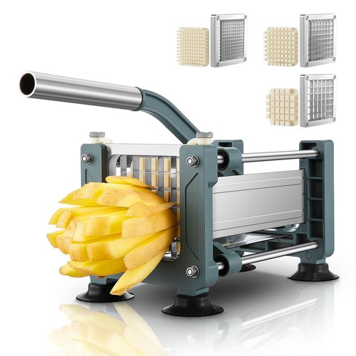 FOHRER French Fry Cutter, Professional Manual Potato Slicer for Potatoes with 3 Heavy Duty Stainless Steel Blades (1/2, 3/8, 1/4 Inch), Unique Blue Potato Cutter with Non-Slip Suction Feet