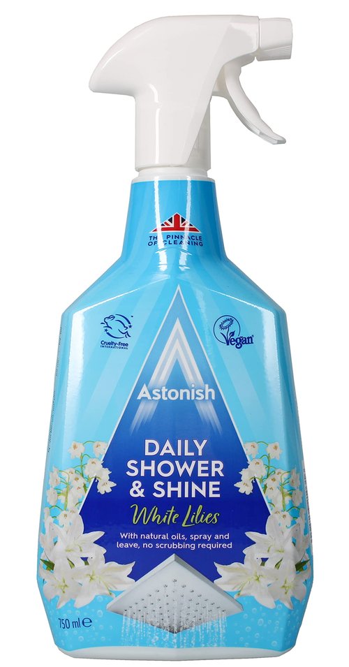 Astonish Daily Shower Shine White Lilies Cleaning Spray - No Scrub After Shower Spray Foam Prevents Watermarks & Limescale Buildup - Vegan Cruelty-Free Household Cleaning Products, 750ml Spray Bottle