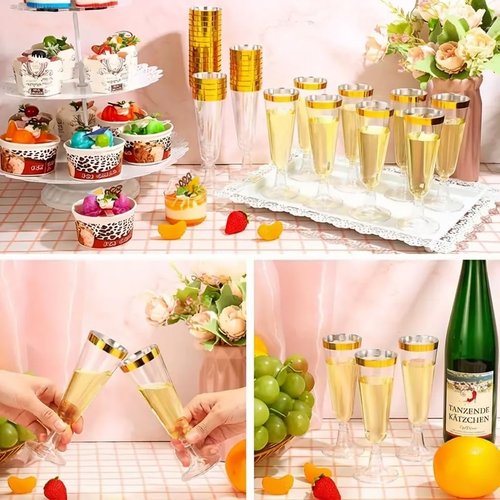 CYUU 50 Pack Plastic Champagne Flutes 5.5oz Clear Gold Rim Disposable Suitable for Wedding, Birthday Party, Thanksgiving Day, Christmas Supplies