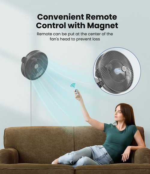 LEMOISTAR 12" Wall Mounted Fan - Remote Control, 90° Oscillation, 4 Speeds, Quiet Design | Grey