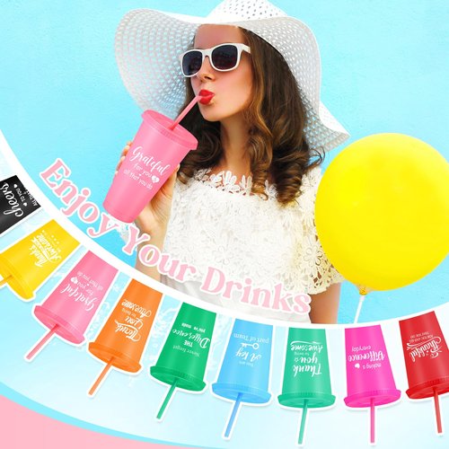 Skylety 96 Pcs Employee Appreciation Gifts Bulk 24 oz Plastic Tumbler with Lid Straw Social Worker Gift Plastic Cup Thank You Gift for Coworker Volunteer Staff Teacher Office Team (Cute Color)
