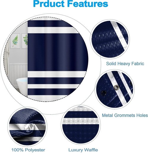 Uiiooazy White Navy Blue Shower Curtain for Bathroom 72x72inches Boho Navy Blue and White Striped Waffle Shower Curtain Set with Hooks Bohemia Geometric Waterproof Fabric Shower Curtain