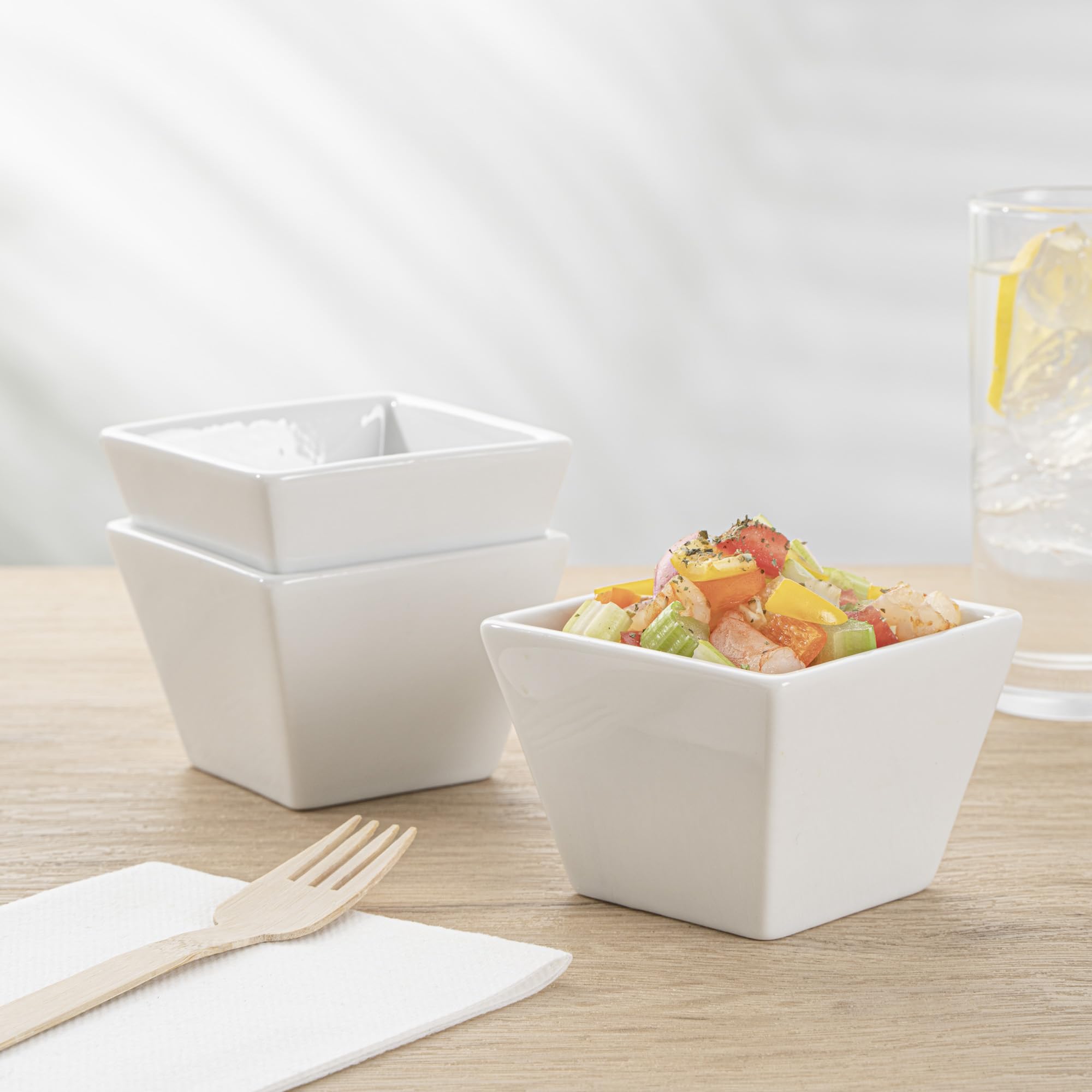 Restaurantware 6 Ounce Small Dessert Cups 10 Square Fondue Bowls - Oven Safe Chip Resistant White Porcelain Porcelain Dip Bowls Dishwasher Safe For Snacks Or Desserts