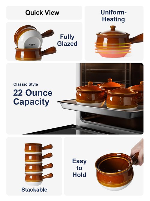 LE TAUCI French Onion Soup Bowls, 22 Ounce Ceramic Soup Bowls with Handles, Soup Crocks with Lids for Soup, Cereal, Chilli, Beef Stew, Oven Safe Stackable Serving Bowls Set, Set of 4