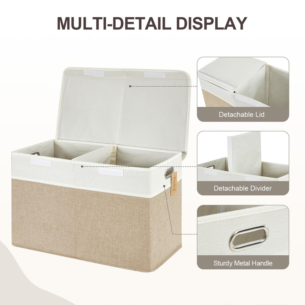 Roobyl Large Toy Storage Box with Lid, Collapsible Toys Storage Organizer Bins with Dividers and Handles, Storage Chest Bin for Kids, Boys, Girls, Nursery 25"x13" x16" (Beige & White)