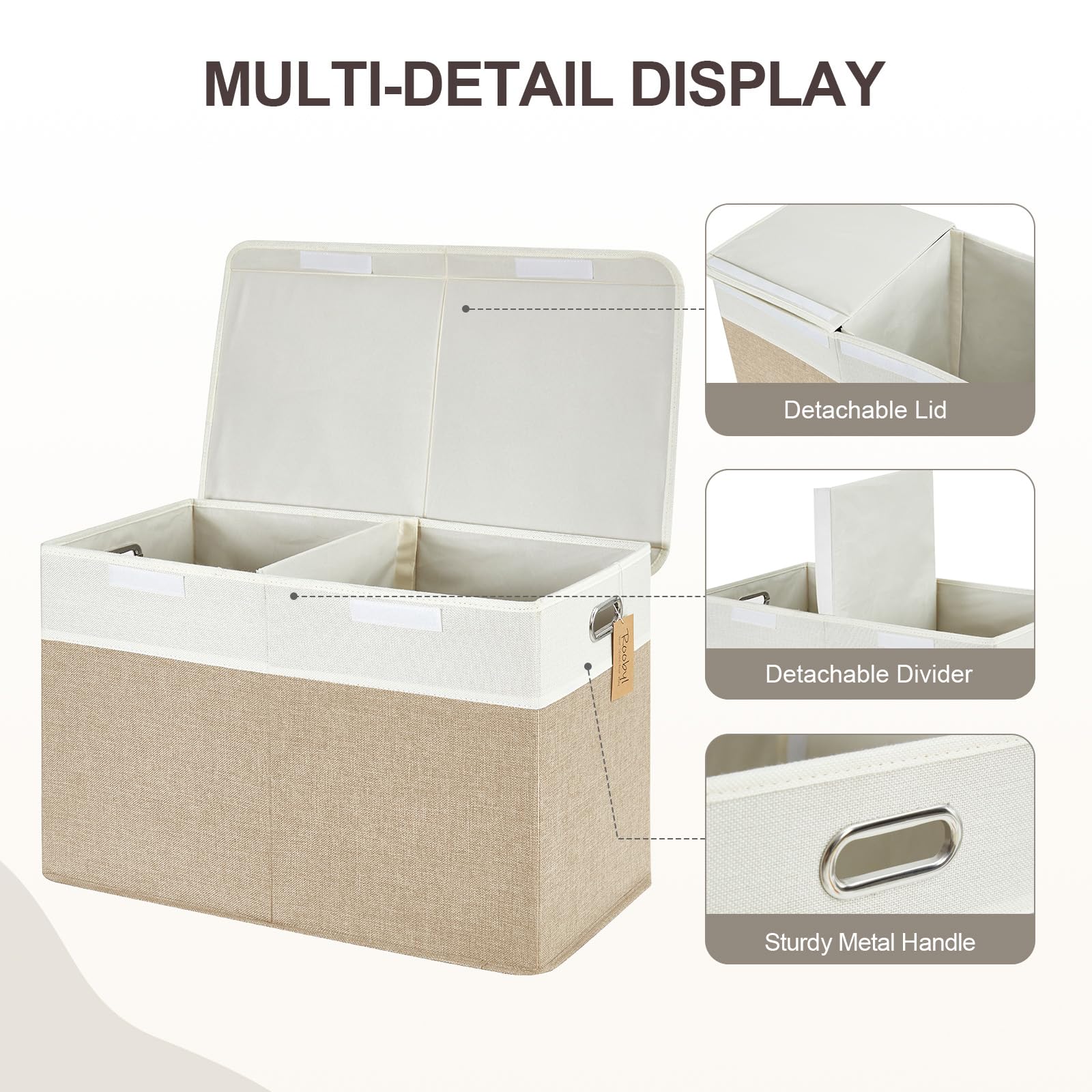Roobyl Large Toy Storage Box with Lid, Collapsible Toys Storage Organizer Bins with Dividers and Handles, Storage Chest Bin for Kids, Boys, Girls, Nursery 25"x13" x16" (Beige & White)