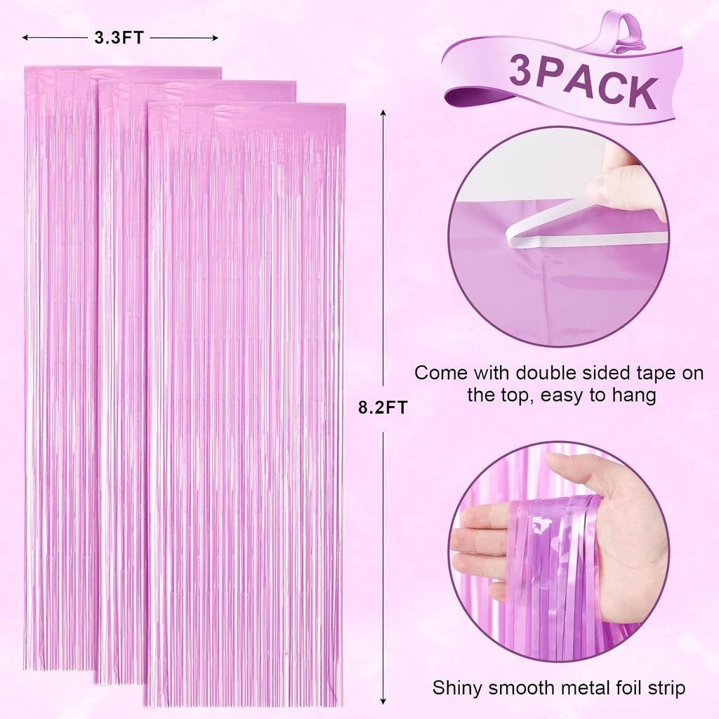 Voircoloria Foil Fringe Backdrop Curtains - 3 Pack of 3.3 x 8.2 ft Pastel Purple Tinsel Streamers for Parties