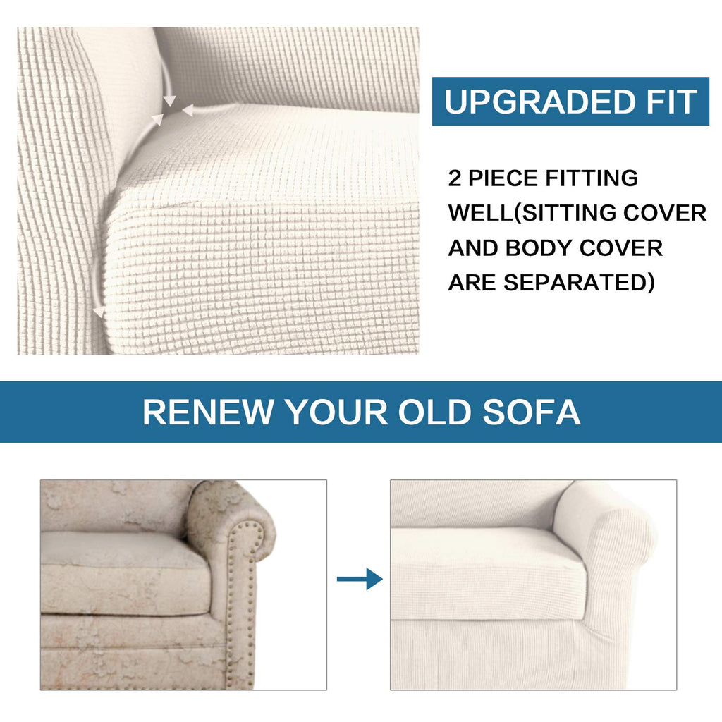 H.VERSAILTEX 2 Separate Pieces Stretch Couch Covers Sofa Cover Suit for T Cushion/Box Cushion High Spandex Jacquard Soft Couch Covers for 3 Cushion Couch, Sofa 72"-88" (Sofa, Ivory)