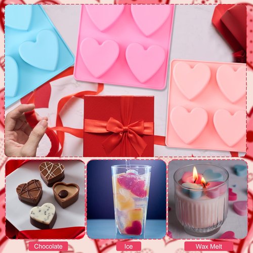 Qinyoung 3 Pcs Heart Shaped Silicone Molds Nonstick Heart Chocolate Muffin Molds for Galentine Valentine's Day Candy, Brownies, Tartlets, Soaps, Pudding, Dessert Baking(Small,4 Holes,Pink,Blue)