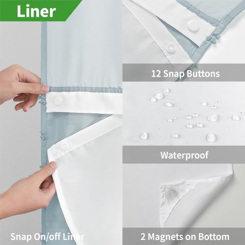eachope No Hook Boho Farmhouse Shower Curtain with Snap-in Fabric Liner set-71Wx74H(72H),Tufted Chevron Striped Hotel Grade Cloth Shower Curtains for Bathroom with Window,Water Repellent,Fog Blue