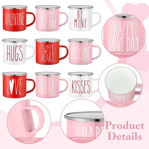 Mumufy 9 Pcs Valentine's Day Coffee Mugs 12 oz Valentine's Day Enamel Mug Romantic Coffee Mug Outdoor Camper Mug Kiss Love Sign Camping Tea Cup for Valentine's Day Party Campfire