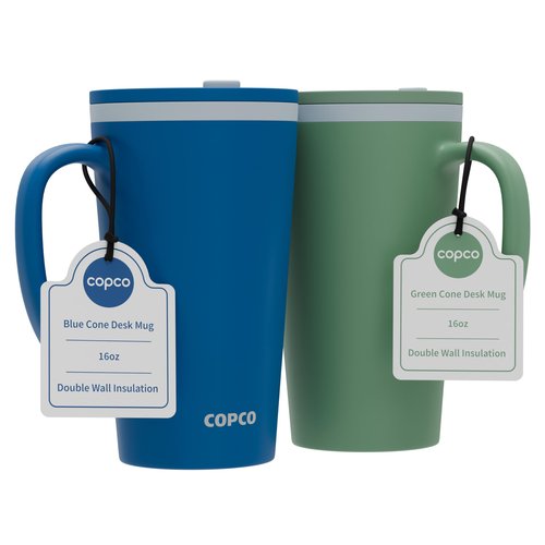 Copco Cone Travel Coffee Mug, 16 oz (Set of 2) - Insulated Mugs with Handle, Double Wall Reusable Tumblers with Twist-Off Spill Resistant Lid, BPA-Free, Microwave & Dishwasher Safe (Blue/Green)