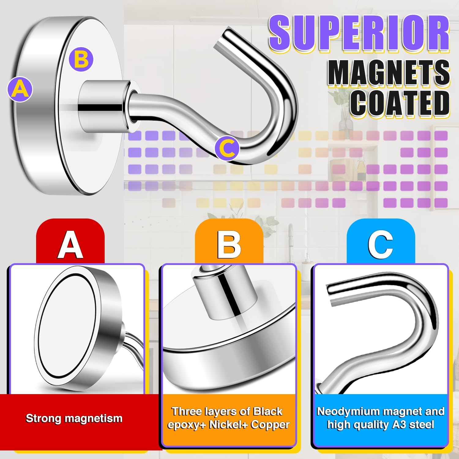 TRYMAG Strong Magnetic Hooks - Super Heavy Duty 6 Pack for Cruise Cabins, Kitchen & Storage