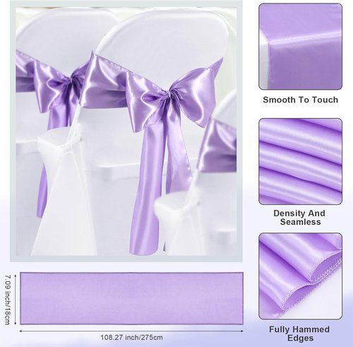 Lounsweer Folding Chair Cover Set - 50 Pcs with 25 Stretch Spandex Slipcovers & Satin Sashes | White & Lavender