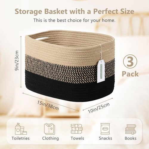 ECDYQXVU Cotton Rope Storage Basket - Woven Organizer for Shelves, Towels & Laundry | 15x10x9 Inches, Gradient Black/Brown (3 Pack)