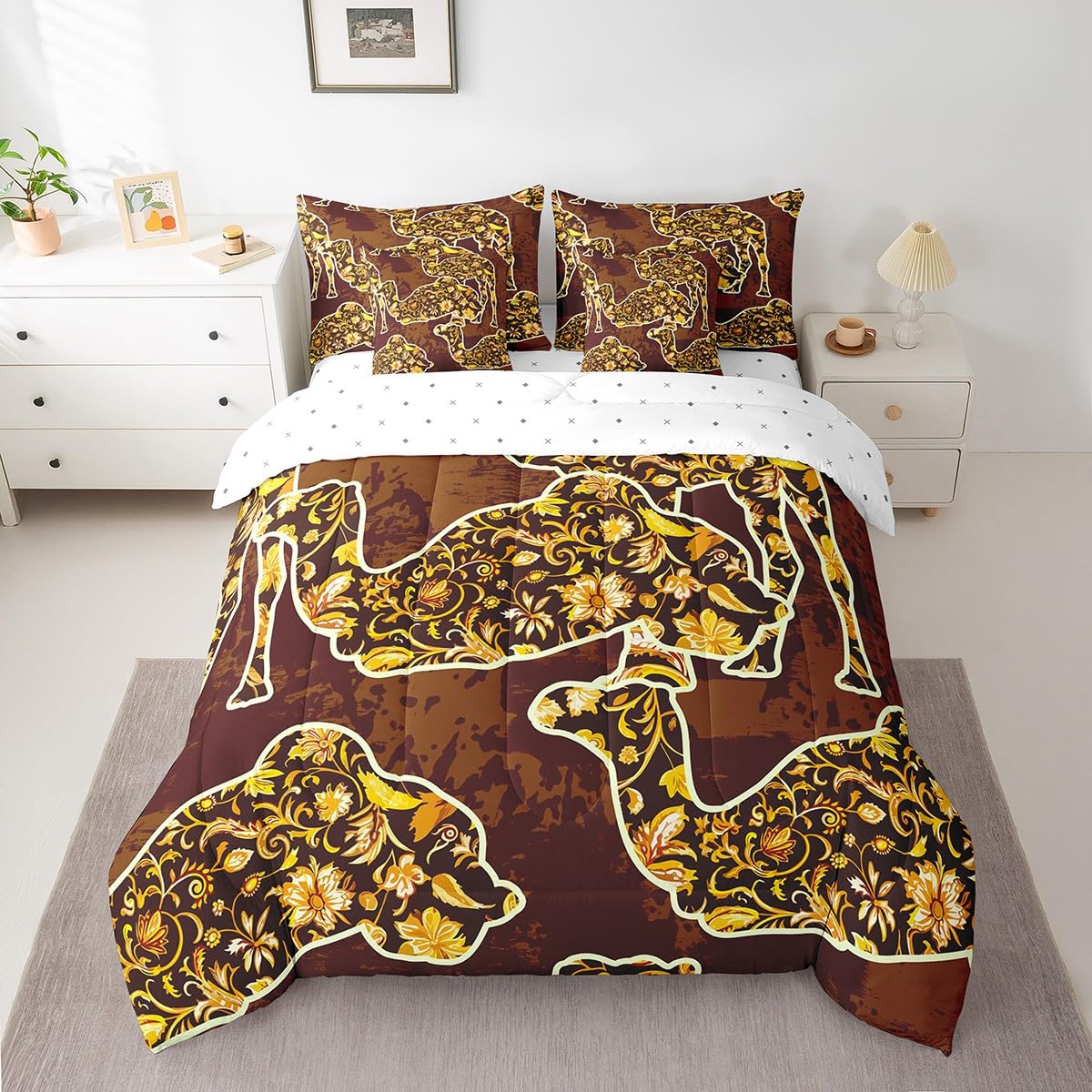 Feelyou Camel Bedding Set Boho Exotic Bed in a Bag Bohemian Damask Comforter Set Queen Size 7 Pieces for Kids Girls Brown European Floral Bed Set with Comforter, Sheet Set, Pillowcases, Pillow Covers