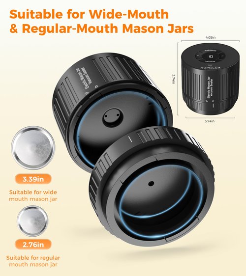 HOMILEN Electric Mason Jar Vacuum Sealer Kit - 2 Modes for Vacuum and Fast Marinade, 10 Sealing Lids - Preserve Freshness Efficiently, Ideal for Canning Jams, Pickles, Dry Foods, Grains Storage