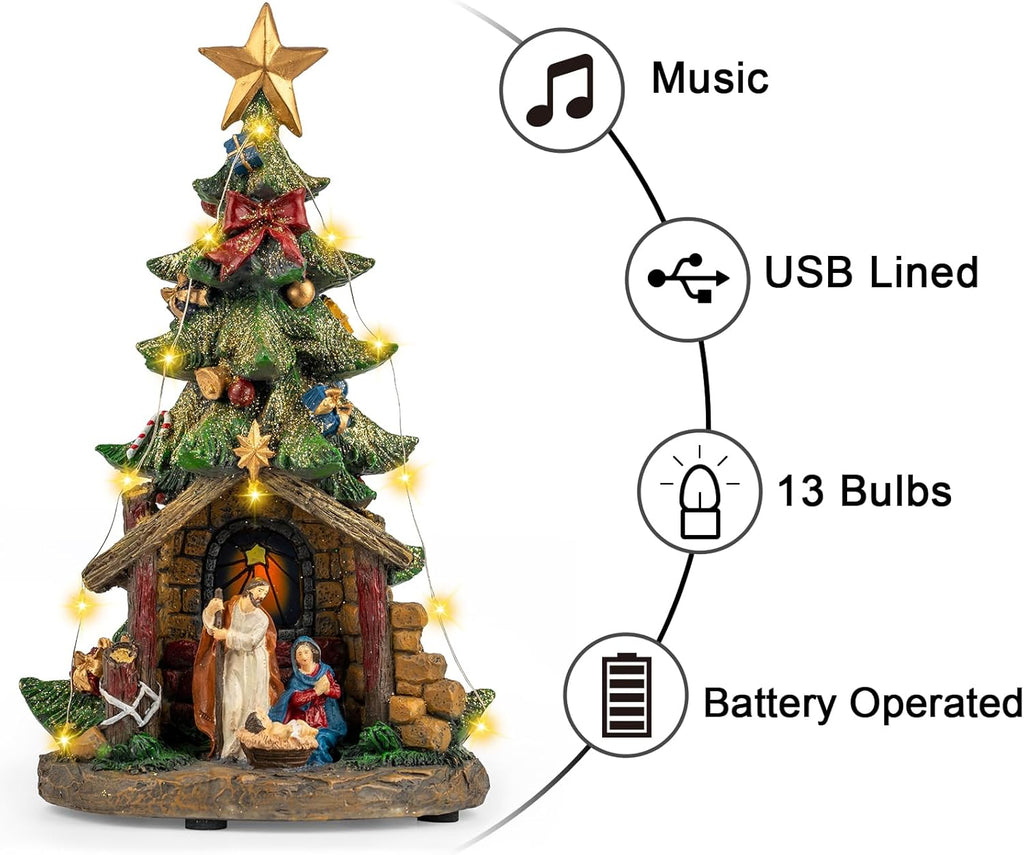 VISFLAIR 12'' Lighted Nativity Scene - Musical Holy Family Figurines with LED Lights for Holiday Decor