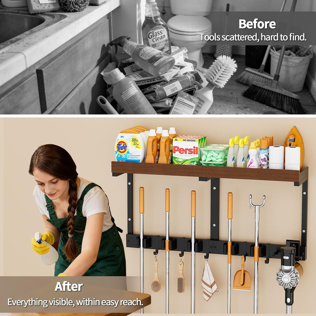 Skiennix Broom Holder Wall Mount - Versatile Cleaning Supplies Organizer with Mop Hanger & Gripper Hooks | Ideal for Home, Garage, Kitchen
