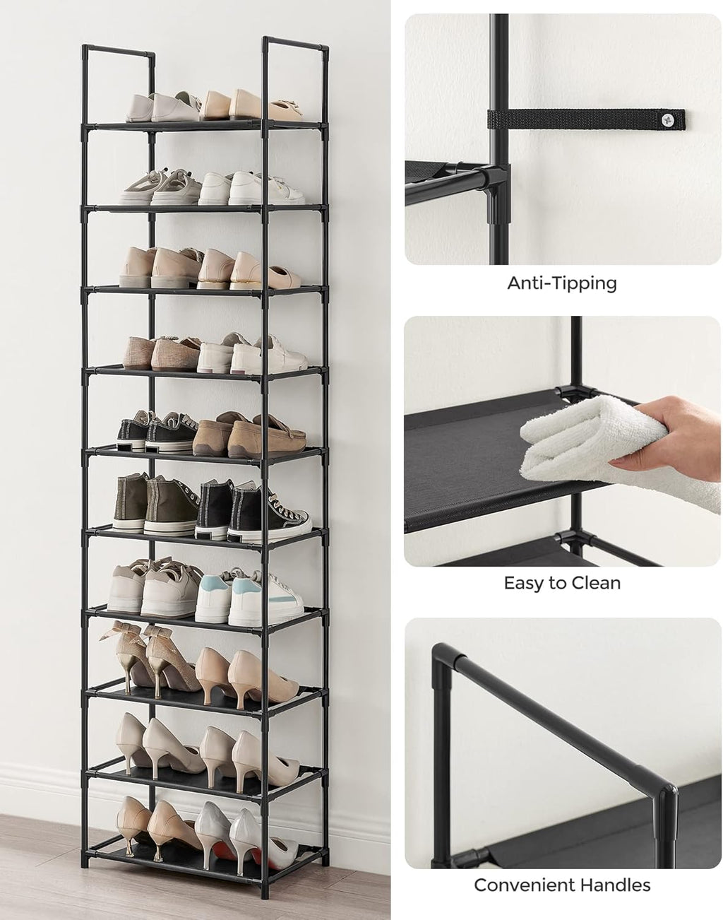 SONGMICS 10-Tier Shoe Rack - Metal Frame Shoe Storage Organizer | 11 x 17.7 x 68 Inches, Black