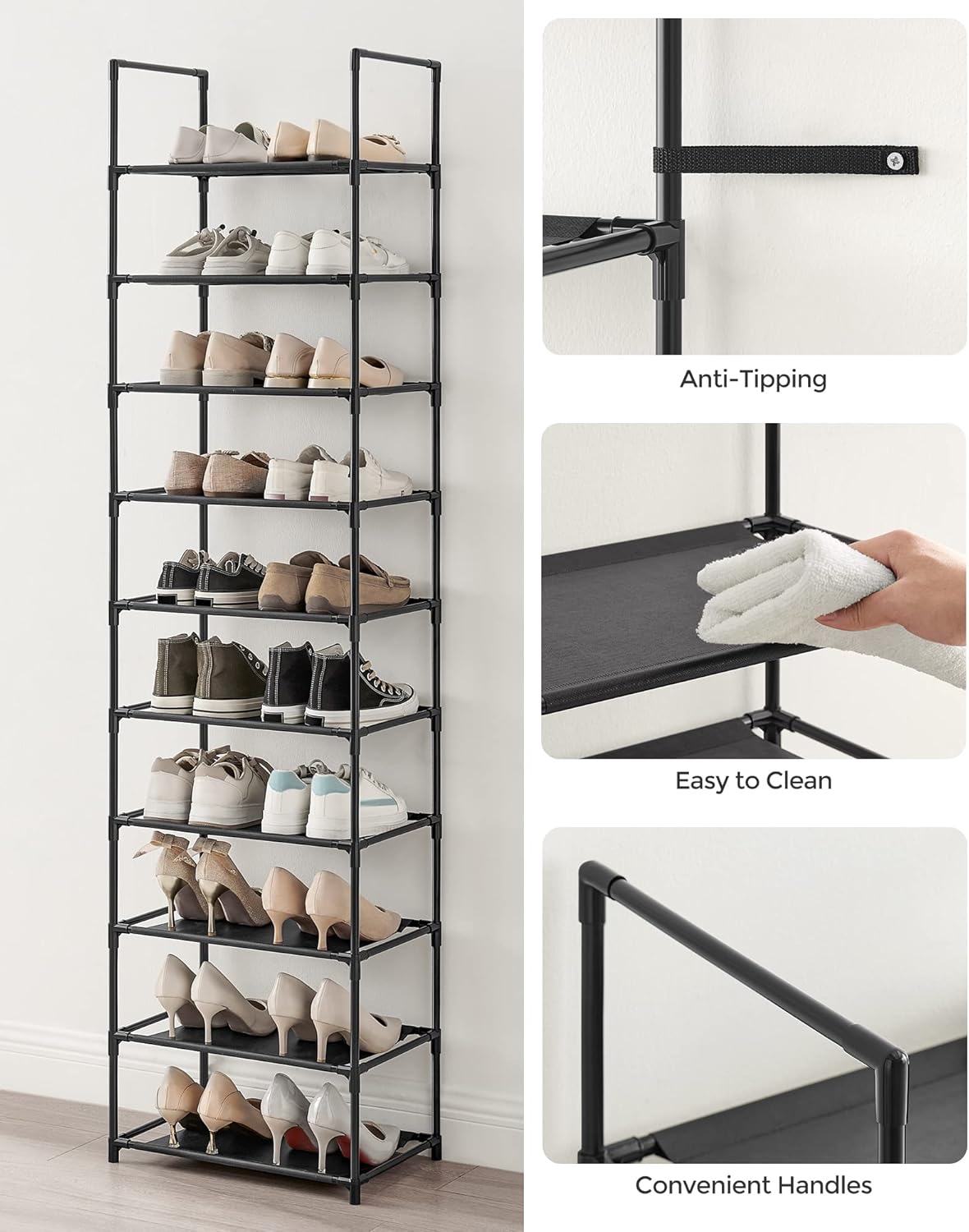 SONGMICS 10-Tier Shoe Rack - Metal Frame Shoe Storage Organizer | 11 x 17.7 x 68 Inches, Black