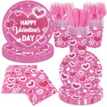Valentine's Day Party Supplies Happy Valentine's Day Pink Heart Love Tableware Disposable Paper Plates Napkins Cups Forks and Knives for Valentine Day, Anniversary,Wedding Table Decor,Serve 24
