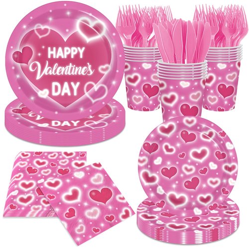 Valentine's Day Party Supplies Happy Valentine's Day Pink Heart Love Tableware Disposable Paper Plates Napkins Cups Forks and Knives for Valentine Day, Anniversary,Wedding Table Decor,Serve 24