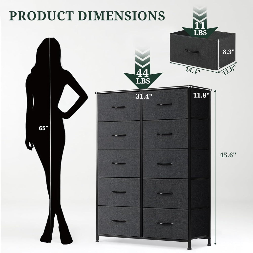 Regine Switzerland 10-Drawer Dresser - Anti-Tip Tall Storage Organizer with Wooden Top & Metal Frame | Black