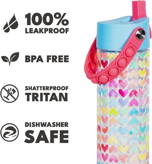 Elemental Splash Water Bottle - BPA-Free Tritan Plastic with Straw & Pop It Strap | 26oz Rainbow Heart - Ideal for Travel & Sports