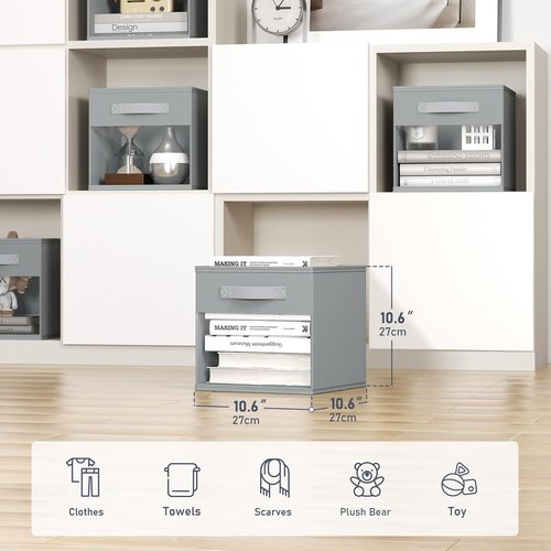 DIMJ Storage Cubes - 11x11 Inch Collapsible Storage Bins with Window - 6 Pack Grey Organizers for Clothes, Toys, and Books