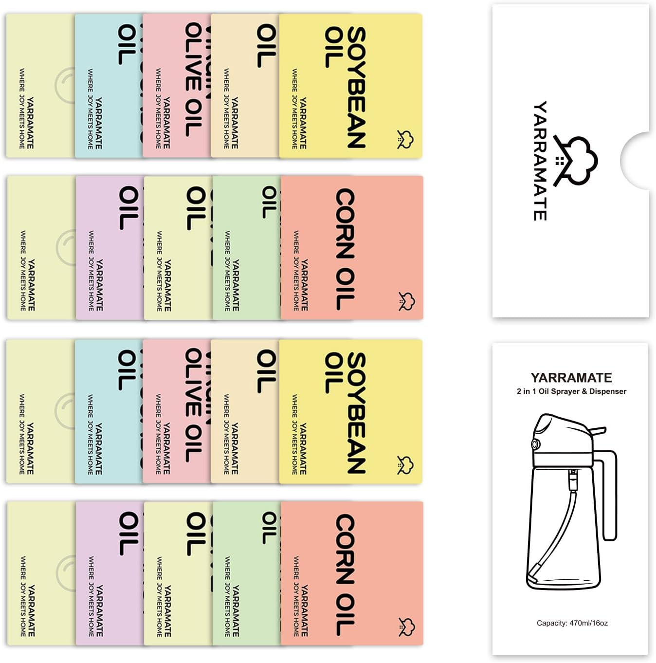 YARRAMATE Glass Olive Oil Sprayer - 16oz with 20 Color Labels | Stylish White Design