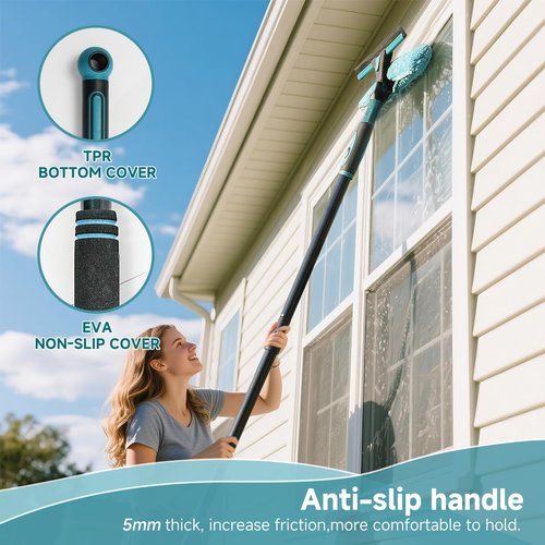 Buysenton Professional 2-in-1 Window Squeegee Cleaner Tool with 62" Extension Pole, Rotatable Bendable Head & Scrubber, Car Glass Cleaning Kit for Windows, Shower, Gas Station - 1 Blade 2 Scrubber
