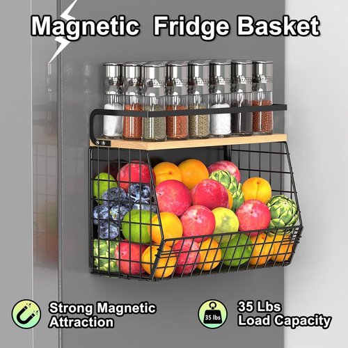 2 Pack Magnetic Spice Storage Rack Organizer for Refrigerator, Magnetic Shelf for Fridge with Wood Lid, Organizer for Kitchen & Laundry, Potato and Onion Storage Bins, Large Container, Strong Magnets