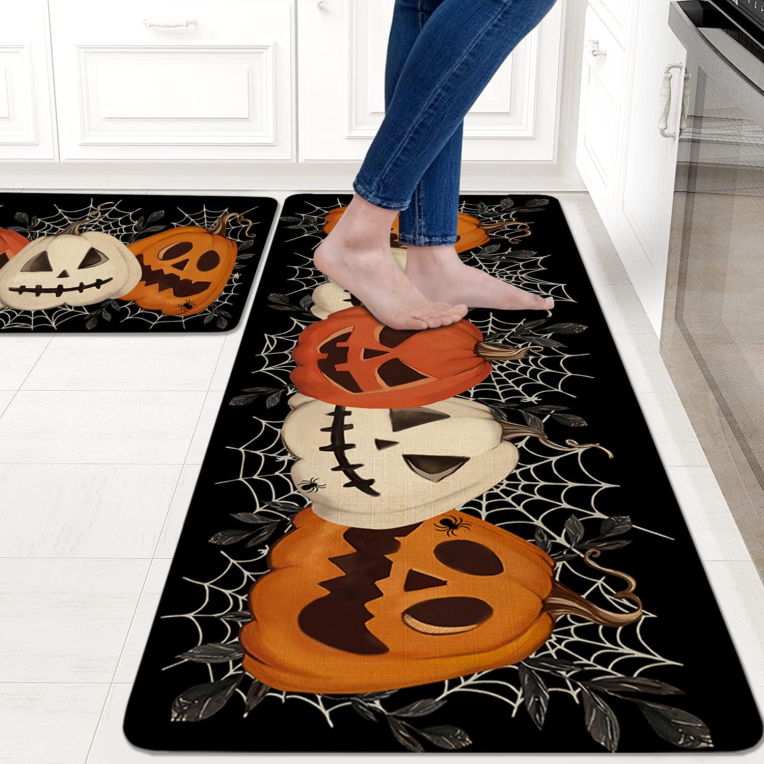 Faptoena Halloween Kitchen Rugs Set of 2,Black Pumpkin Spider Web Kitchen Mats for Floor, Halloween Non-Slip Washable Sink Mats Home Decor Doormat+Runner Rug
