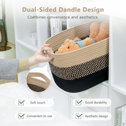 ECDYQXVU Cotton Rope Storage Basket - Woven Organizer for Shelves, Towels & Laundry | 15x10x9 Inches, Gradient Black/Brown (3 Pack)
