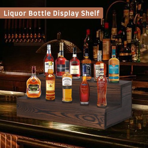 Liquor Bottle Display Shelf, 2 Pack Wood Bar Shelves, Tabletop Wine Rack, Bottle Stand for Liquor Display, Home Bar Display