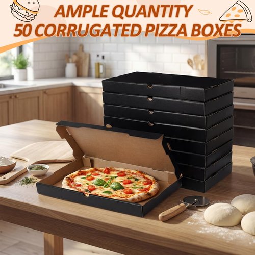 AmazingSpark Pizza Boxes 14 x 7 x 1.5 Inch Black Flatbread Box Sturdy Corrugated Rectangular Take out Baking Containers for Flatbread Pizza Pastry Bakery Charcuterie, Lightweight and Convenient