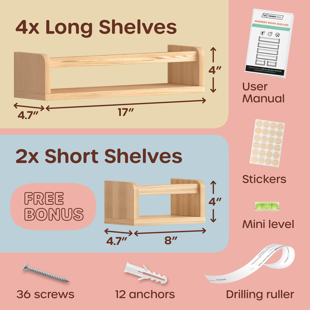 HOMEY PANDA DIY Wall-Mounted Nursery Bookshelves - 4 Long + 2 Mini Shelves, Kids Room Storage (DIY Paint Pine Wood)