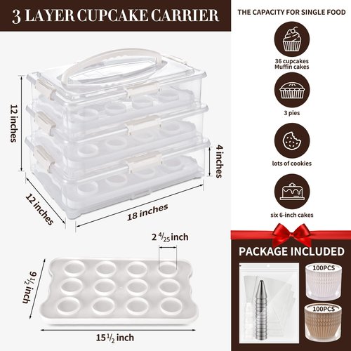ARC 3-tiers Cupcake Carrier (White) - Cupcake Holder and Cake Transport Container that Holds up to 36 Cupcakes or 3 Large Cakes - BPA-Free, Great for Parties & Festivals